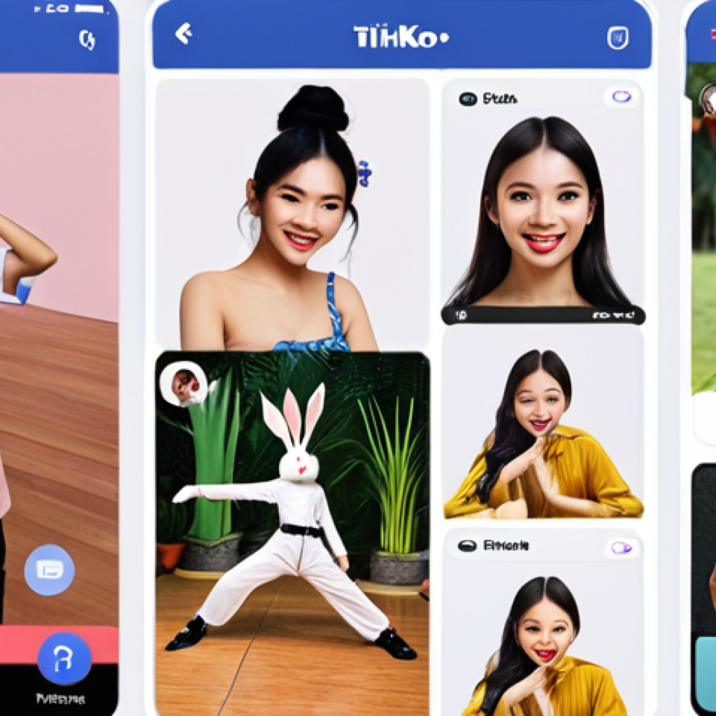A dynamic digital montage illustrating Kongji Rabbit's vibrant multi-platform social media presence. The image should seamlessly blend interfaces of TikTok, Instagram, and Facebook on various devices (smartphones, tablets, laptops), showcasing diverse content formats: short, viral TikTok videos featuring young Vietnamese engaging in trending dances or challenges, aesthetic Instagram posts with beautiful imagery and meaningful stories, and interactive Facebook content with comments and likes. Diverse, happy Vietnamese users are actively swiping, liking, and commenting across these platforms, reflecting personalized engagement and a thriving online community. The style should be modern, energetic, and colorful, capturing the essence of Vietnamese youth culture.