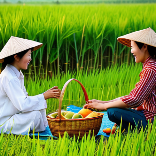 Home 6 콩지래빗의 스토리 세계관 - Family Picnic**
"A Vietnamese family enjoys a picnic in a lush rice paddy field during golden hour,...