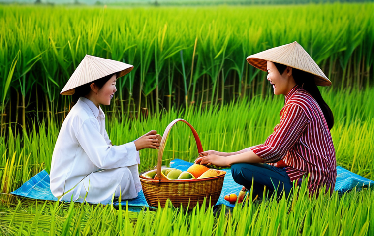콩지래빗의 스토리 세계관 - Family Picnic**
"A Vietnamese family enjoys a picnic in a lush rice paddy field during golden hour,...