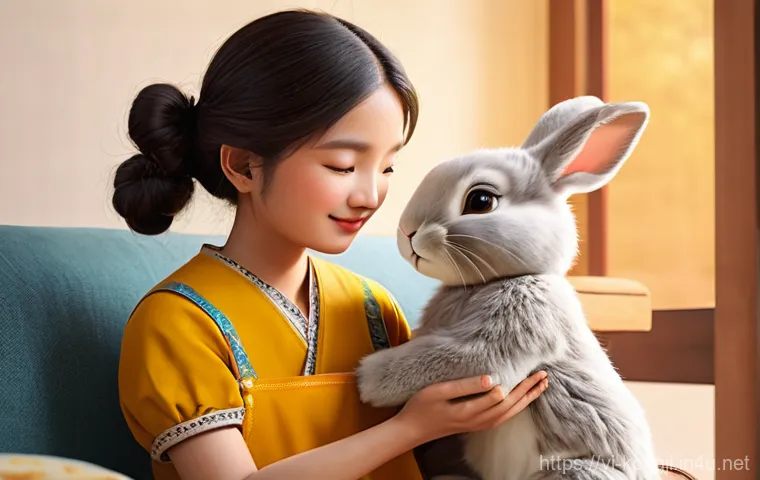 콩지래빗 주변 인물 관계 - **Prompt 1: Warm Family Embrace**
    "A heartwarming scene depicting a cute, anthropomorphic rabbit...