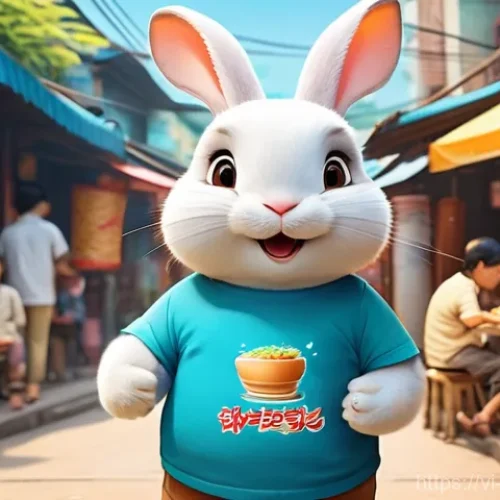 Home 20 콩지래빗 캐릭터의 대중성 비결 - **Prompt:** A vibrant and heartwarming illustration of Kongji the Rabbit happily enjoying a street f...