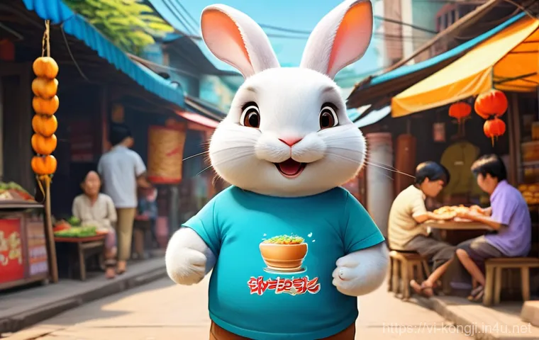 콩지래빗 캐릭터의 대중성 비결 - **Prompt:** A vibrant and heartwarming illustration of Kongji the Rabbit happily enjoying a street f...