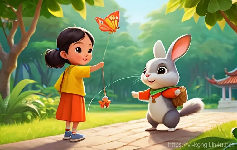 콩지래빗 캐릭터의 대중성 비결 - **Prompt:** A vibrant and heartwarming illustration of Kongji the Rabbit happily enjoying a street f...