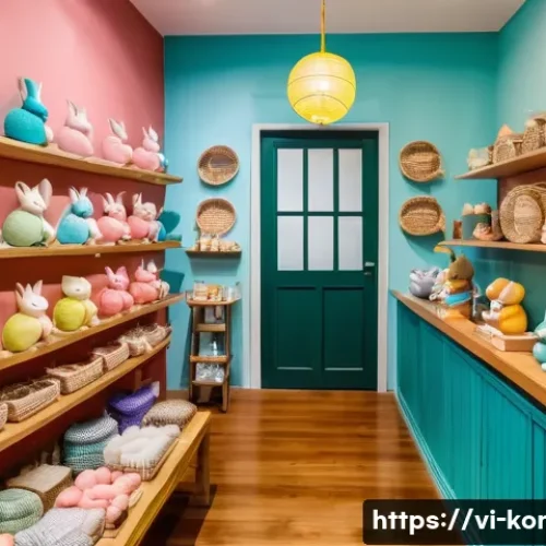 콩지래빗 오프라인 매장 정보 - A cozy and vibrant handmade shop interior inspired by Kongji Rabbit stores in Ho Chi Minh City, feat...