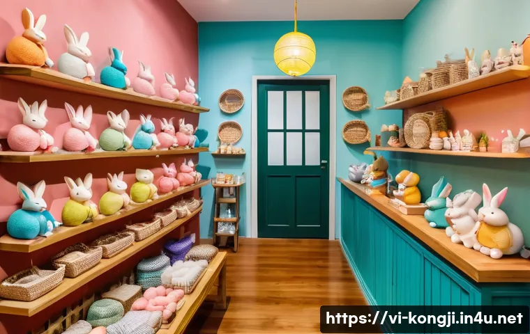 콩지래빗 오프라인 매장 정보 - A cozy and vibrant handmade shop interior inspired by Kongji Rabbit stores in Ho Chi Minh City, feat...