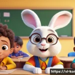 콩지래빗의 어린이 정서 발달 효과 - A charming animated scene featuring a group of diverse young children wearing colorful, modest cloth...