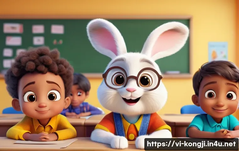 콩지래빗의 어린이 정서 발달 효과 - A charming animated scene featuring a group of diverse young children wearing colorful, modest cloth...