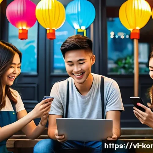 콩지래빗을 활용한 광고 캠페인 - A vibrant digital marketing campaign scene in Vietnam showcasing young Vietnamese adults engaging wi...