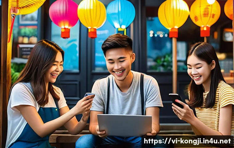 콩지래빗을 활용한 광고 캠페인 - A vibrant digital marketing campaign scene in Vietnam showcasing young Vietnamese adults engaging wi...