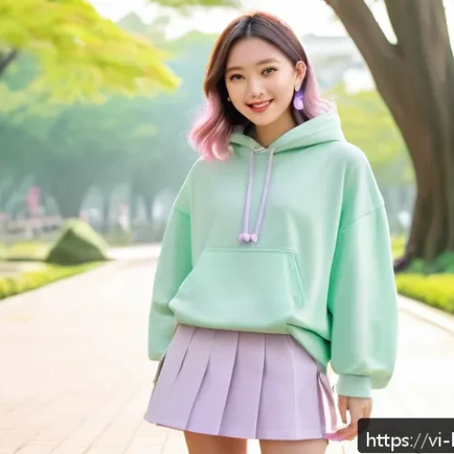 콩지래빗 캐릭터 의상 - A sweet and playful young woman wearing pastel-colored casual clothing, including a soft pink oversi...