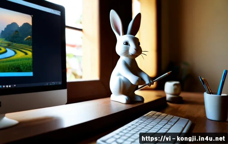 Home 13 콩지래빗의 3D 모델링 - Photorealistic 3D modeling studio scene featuring a charming white rabbit character figurine being s...