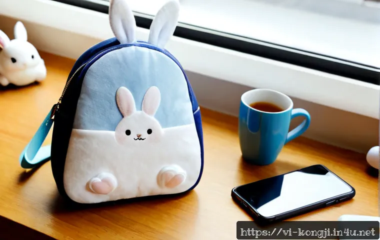 콩지래빗 굿즈 종류 - Photorealistic flat-lay of cute white rabbit character merchandise on a clean wooden table in a mode...