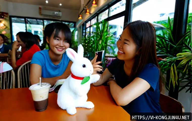 Home 15 콩지래빗의 인기 요인 - Photorealistic lifestyle scene in a bright modern Vietnamese café in Ho Chi Minh City, a cheerful yo...